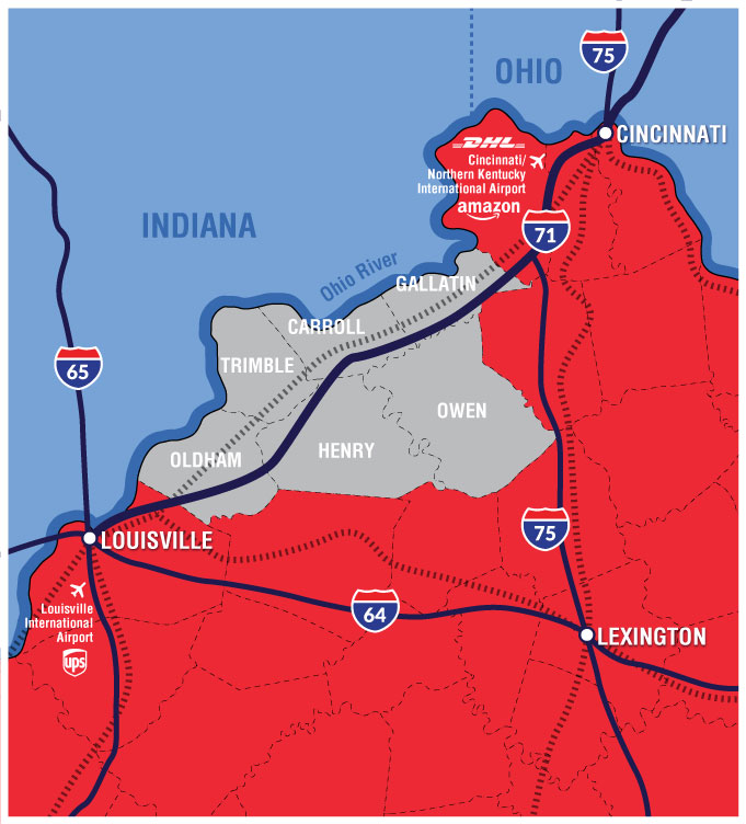 Map of the KIEDA I-71 corridor counties between Louisville and Cincinnati logistics hubs.